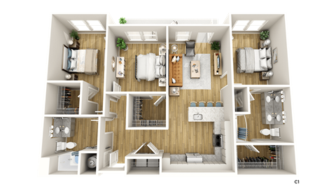 a 3d rendering of a floor plan with a bedroom and a bathroom