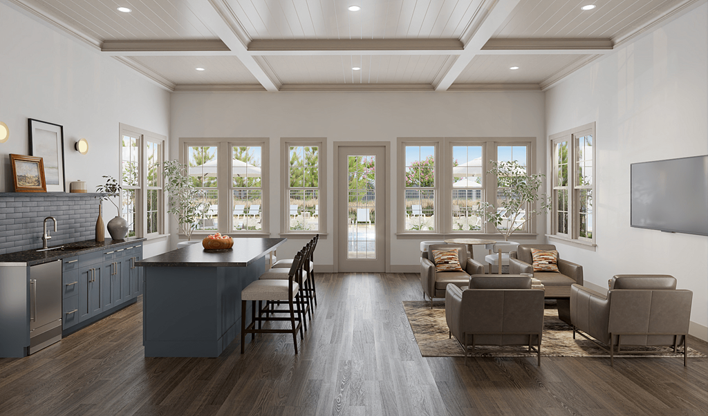 a living room with a kitchen and a dining room