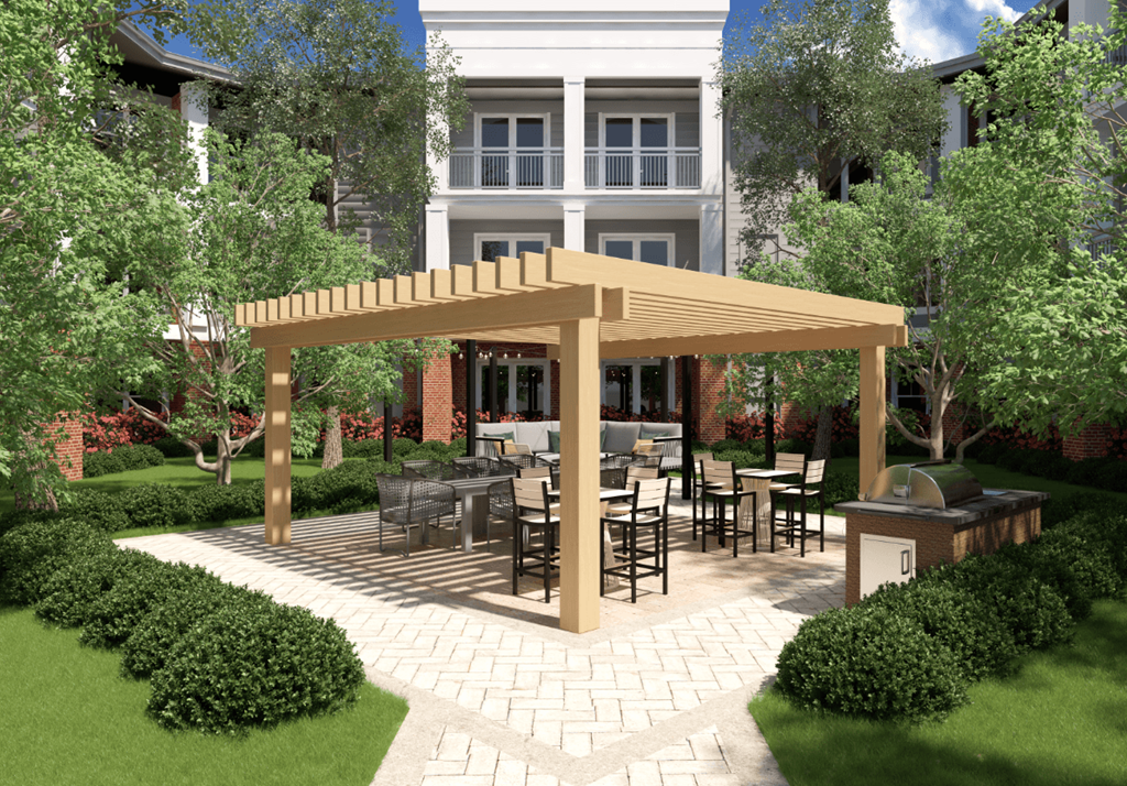 a rendering of a wooden pergola with a stone patio