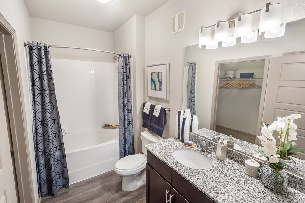 A bathroom with a white toilet, a sink, a mirror, and a shower.