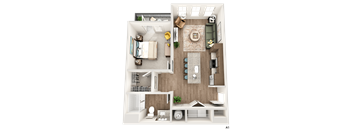A 3D floor plan of a house showing a living room, kitchen, and two bedrooms.