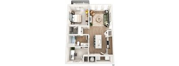 A 3D floor plan of a small apartment with a kitchen, living room, and bathroom.