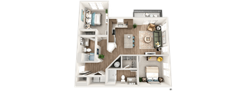 A detailed 3D floor plan of a two-bedroom apartment.