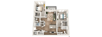 A detailed 3D floor plan of a two-bedroom apartment.