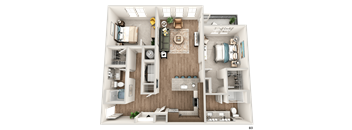 A detailed 3D floor plan of apartment B3 with various rooms and furniture.