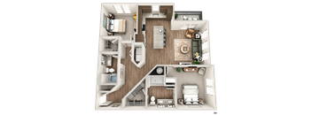 A 3D floor plan of a house with a living room, kitchen, and bedrooms.