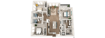 A detailed 3D floor plan of a three-bedroom apartment.