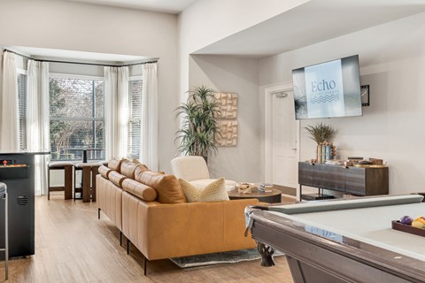 A living room with a pool table and a television displaying the word "Echo".