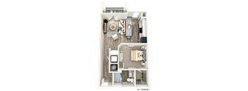 a stylized floor plan of a 1 bedroom apartment