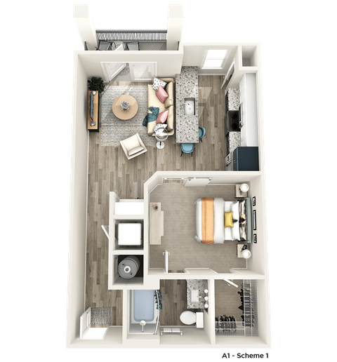 a stylized floor plan of a 1 bedroom apartment