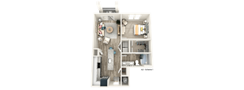 a 3d floor plan of a 1 bedroom apartment