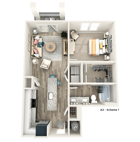 a 3d floor plan of a 1 bedroom apartment