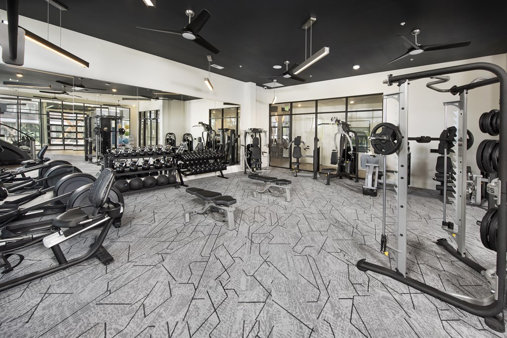 a view of the fitness center with cardio machines and weights