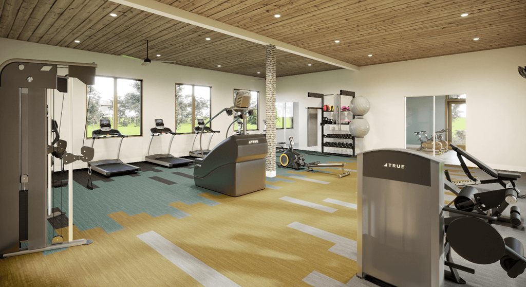 a rendering of a fitness room with weights and other exercise equipment