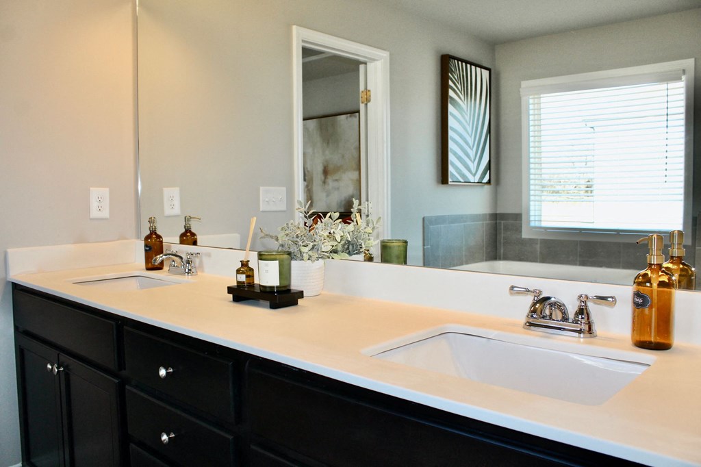 a bathroom with a double sink and a large mirror