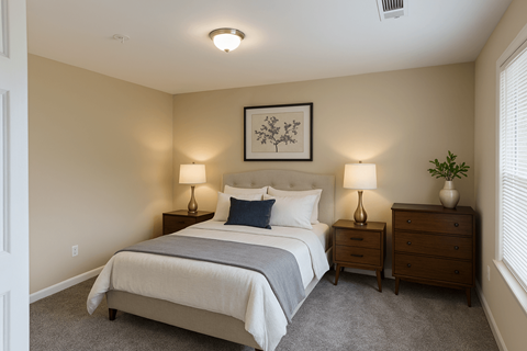 A bedroom with a bed, nightstands, and a framed picture on the wall.