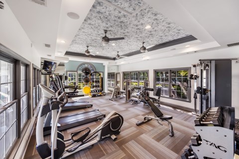 A gym with treadmills, weights, and exercise equipment.