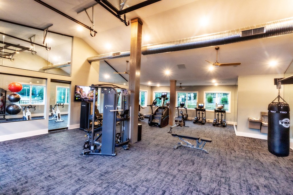 spacious gym with cardio machines and weights at the district at highland village apartments