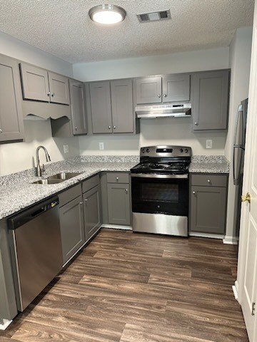 A kitchen with a stove, oven, and sink.