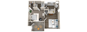 A 3D floor plan of a house showing a living room, kitchen, and two bedrooms.