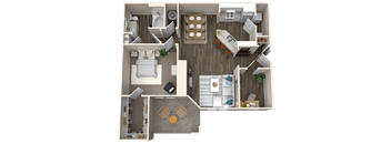 A top-down view of a house layout with a living room, kitchen, dining area, and bathroom.