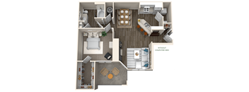 A 3D layout of a house with a kitchen, living room, and dining area.