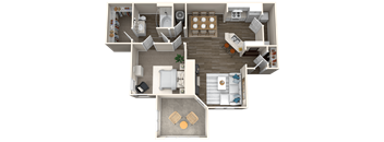 A 3D floor plan of a house with multiple rooms and furniture.