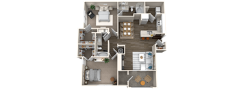 A detailed 3D floor plan of a two-bedroom apartment.