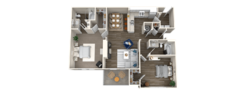 A top-down view of a house layout with multiple rooms and furniture.