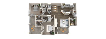 A detailed 3D floor plan of a house showing all rooms and furniture layout.
