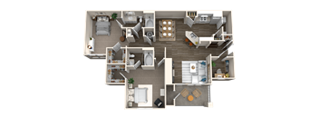 A detailed 3D floor plan of a two-story residential apartment.