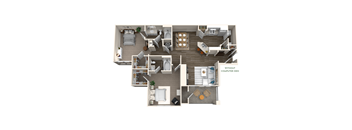 A floor plan of a house with a living room, kitchen, and two bedrooms.
