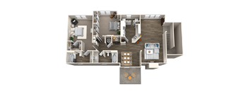 A 3D floor plan of a house with a kitchen, living room, dining room, and two bedrooms.