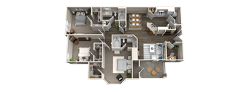 A detailed 3D floor plan of a two-story house with multiple rooms and furniture.
