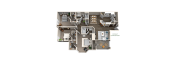 A floor plan of a house with a kitchen, living room, and bedrooms.