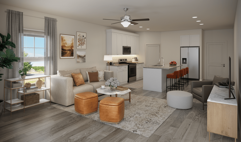 a living room and kitchen in a model home