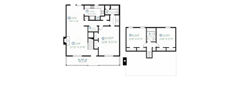 A floor plan of a two bedroom apartment with a living room, kitchen, and bathroom.