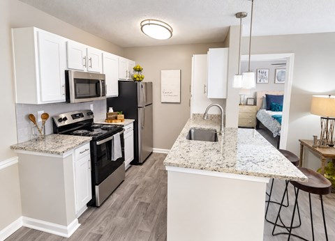 A kitchen with a granite countertop and stainless steel appliances.