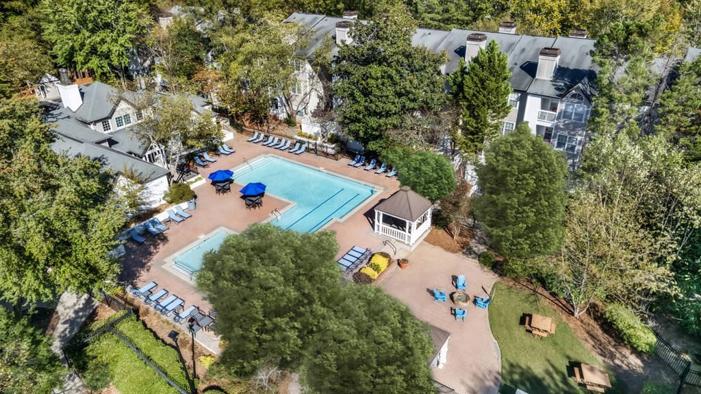 An aerial view of a swimming pool surrounded by trees and a small building.