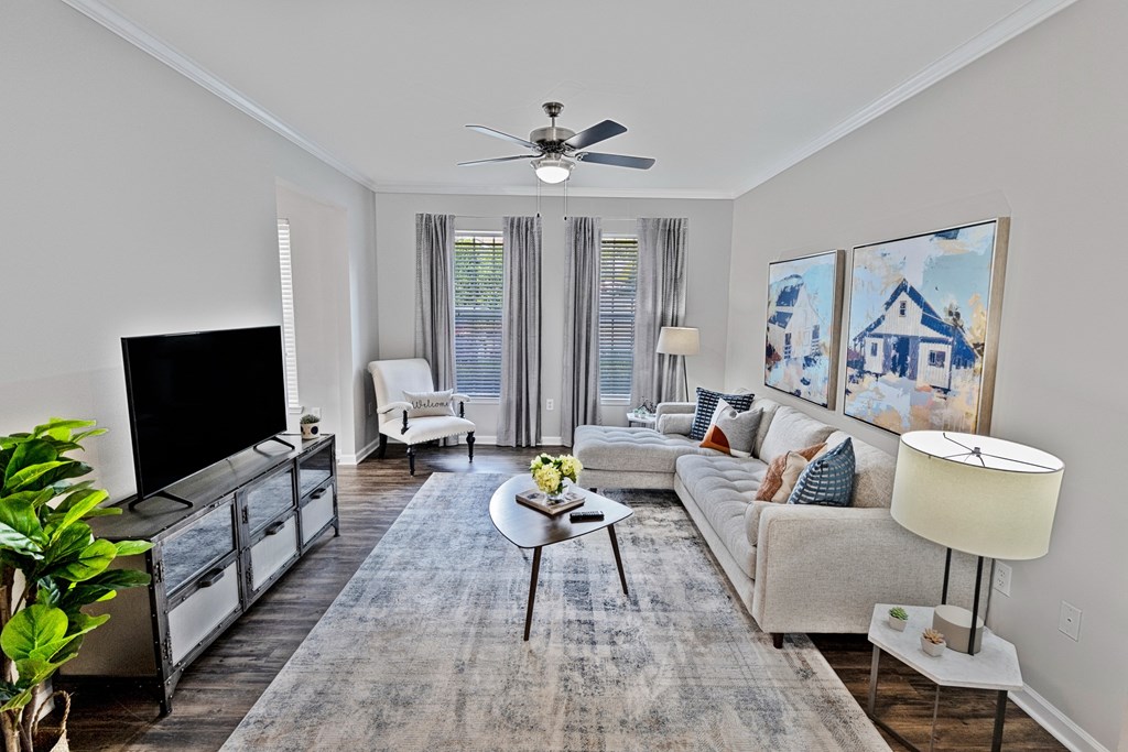 Model Living Room at The Pointe at Suwanee Station, Suwanee, GA