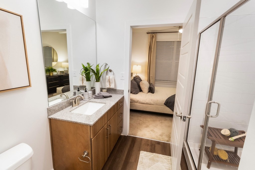 a bathroom with a shower and a sink and a mirror