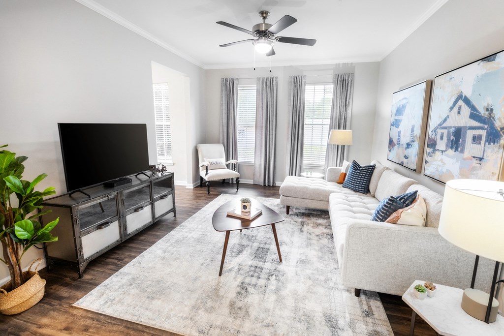 a living room with a couch and a tv at The Pointe at Suwanee Station, Suwanee, 30024