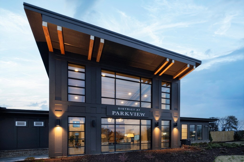 the exterior of the parkview building at dusk