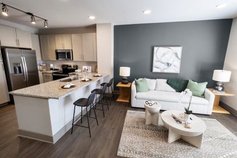 a living area with a kitchen and a couch and a table