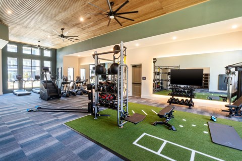 a home gym with weights and cardio equipment and a television