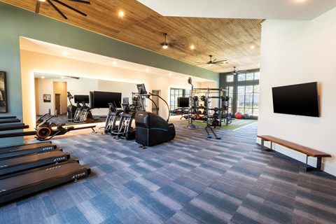 a home gym with a large screen tv and exercise equipment