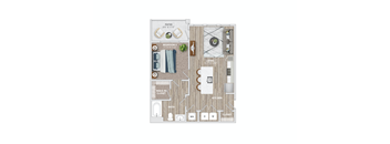 A floor plan of a house with a living room, kitchen, and two bedrooms.