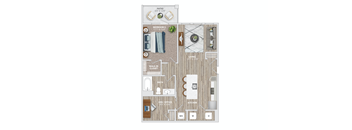 A floor plan of a house with a living room, kitchen, and bathroom.