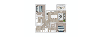 A floor plan of a house with two bedrooms, a living room, a kitchen, a bathroom, a walk-in closet, and a patio.