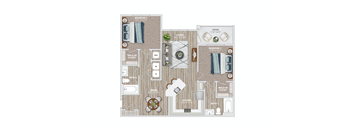 A floor plan of a house with two bedrooms, a living room, a kitchen, a dining room, and a patio.